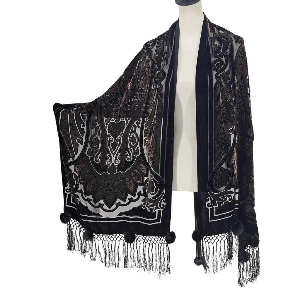 Vintage Silk Burnout Velvet Wrap Scarf Black Bronze Victorian Gothic Whimsigoth
